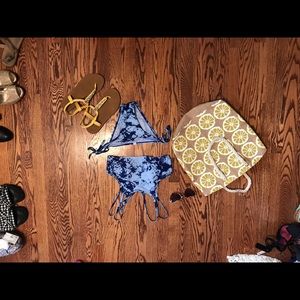 Bag, bathing suit, and shoes